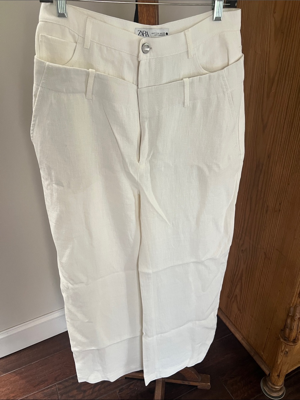 Zara Cream Wide-Leg Linen-Blend double waistband Trousers